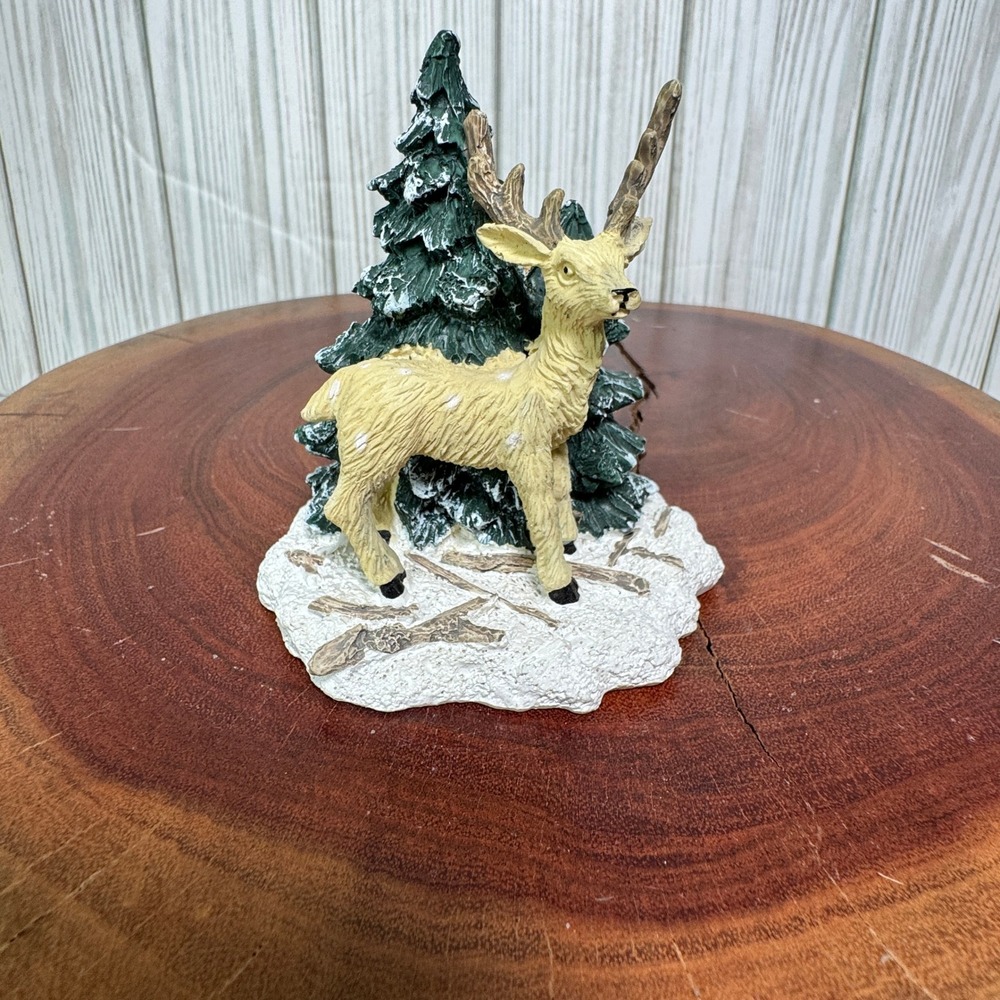 Vtg Mervyns 1991 Deer Figurine Winter Snow Pine Tree Resin Buck Woodland Decor